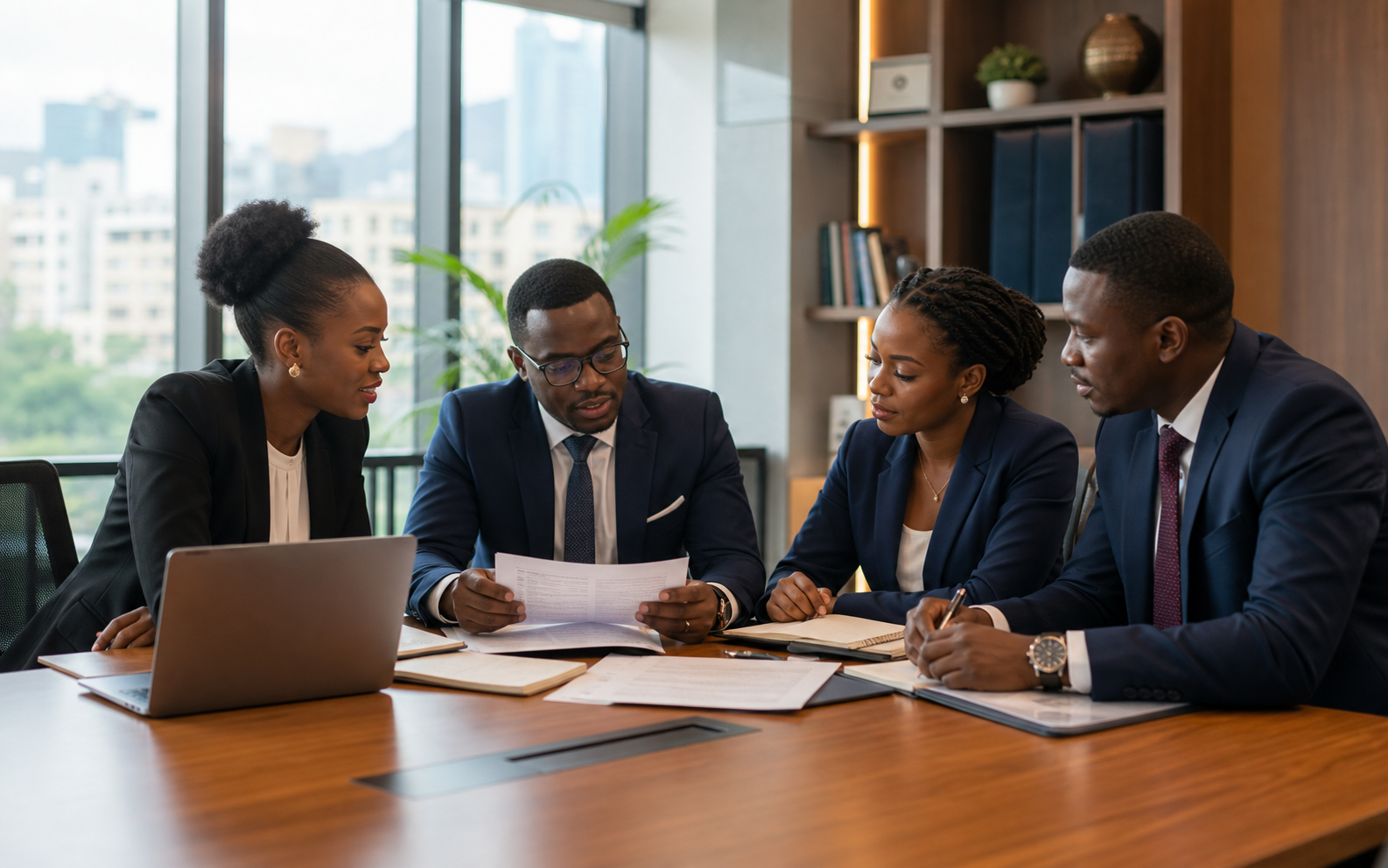 African legal professionals reviewing documents in a modern office